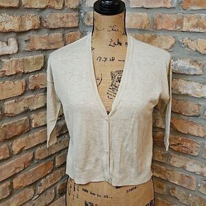 Zara Beige Oversized Cropped Knit Top - Size Small - Button Front V-Neck